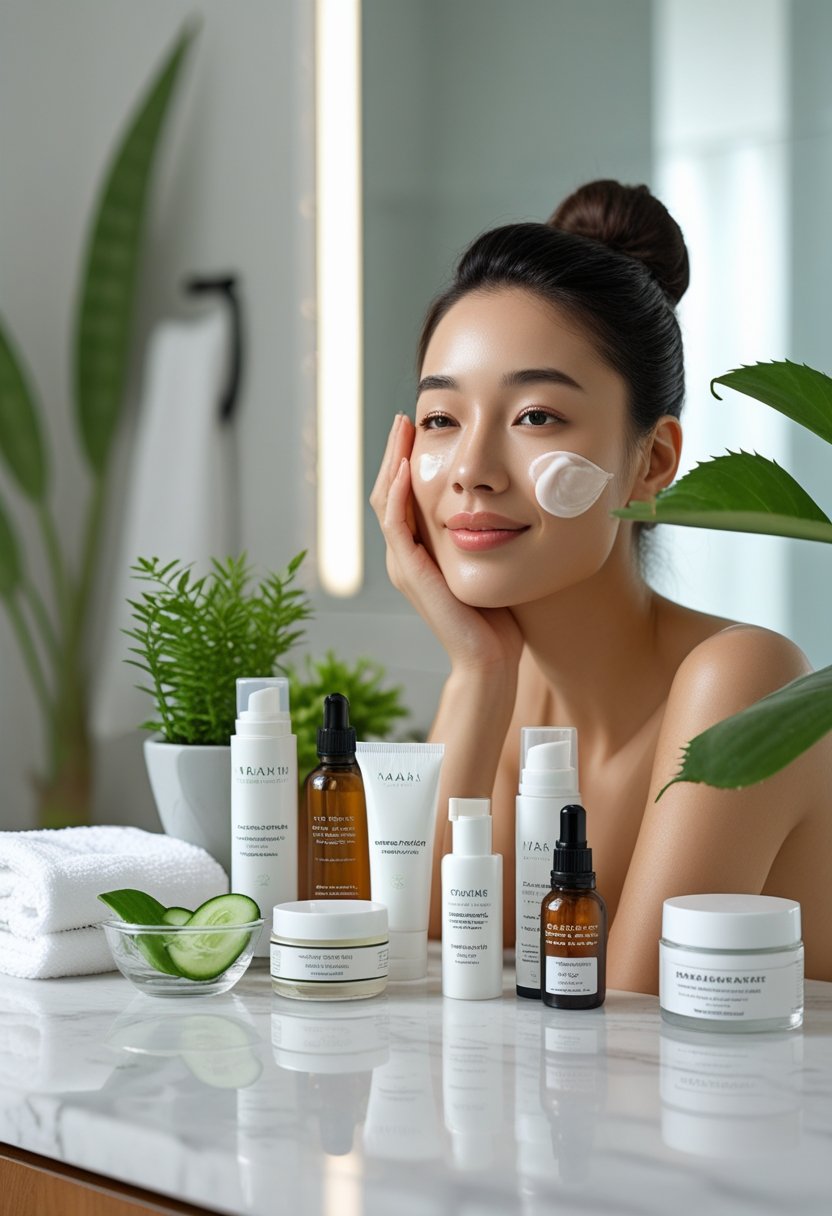 A young woman with glowing skin gently touching her cheek next to various skincare products and natural ingredients on a marble countertop.